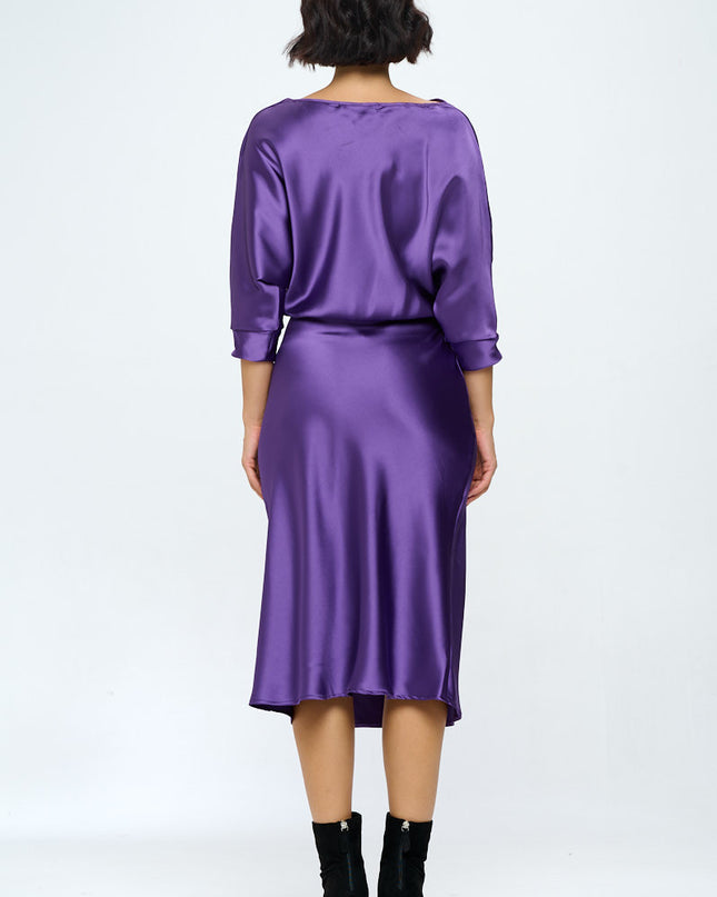 Stretch Satin Print 3/4 Sleeve Dress with Slit