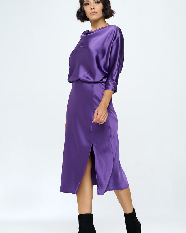 Stretch Satin Print 3/4 Sleeve Dress with Slit