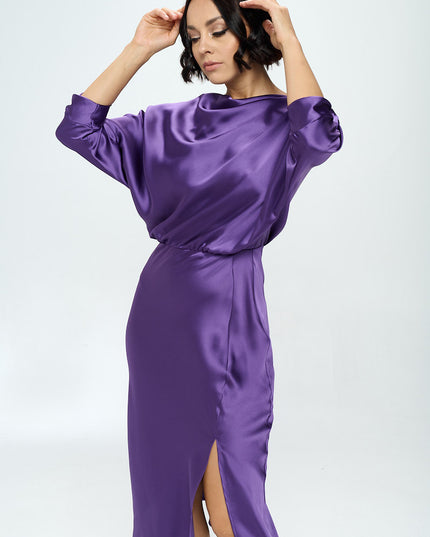 Stretch Satin Print 3/4 Sleeve Dress with Slit