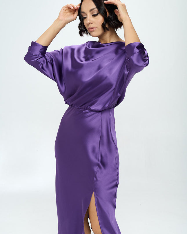 Stretch Satin Print 3/4 Sleeve Dress with Slit