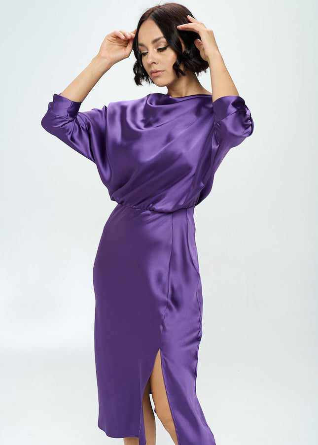 Stretch Satin Print 3/4 Sleeve Dress with Slit