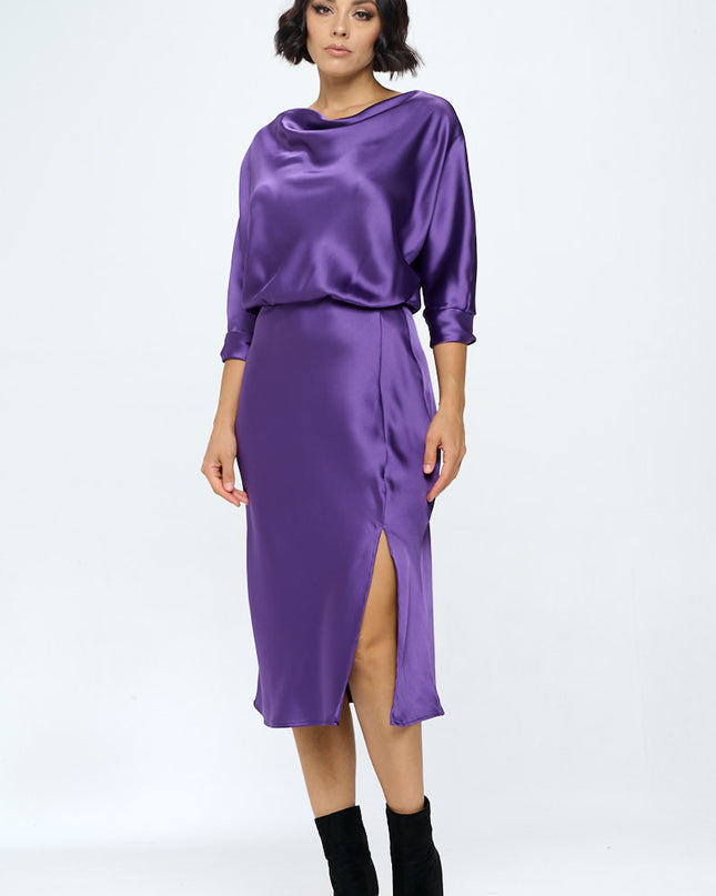 Stretch Satin Print 3/4 Sleeve Dress with Slit